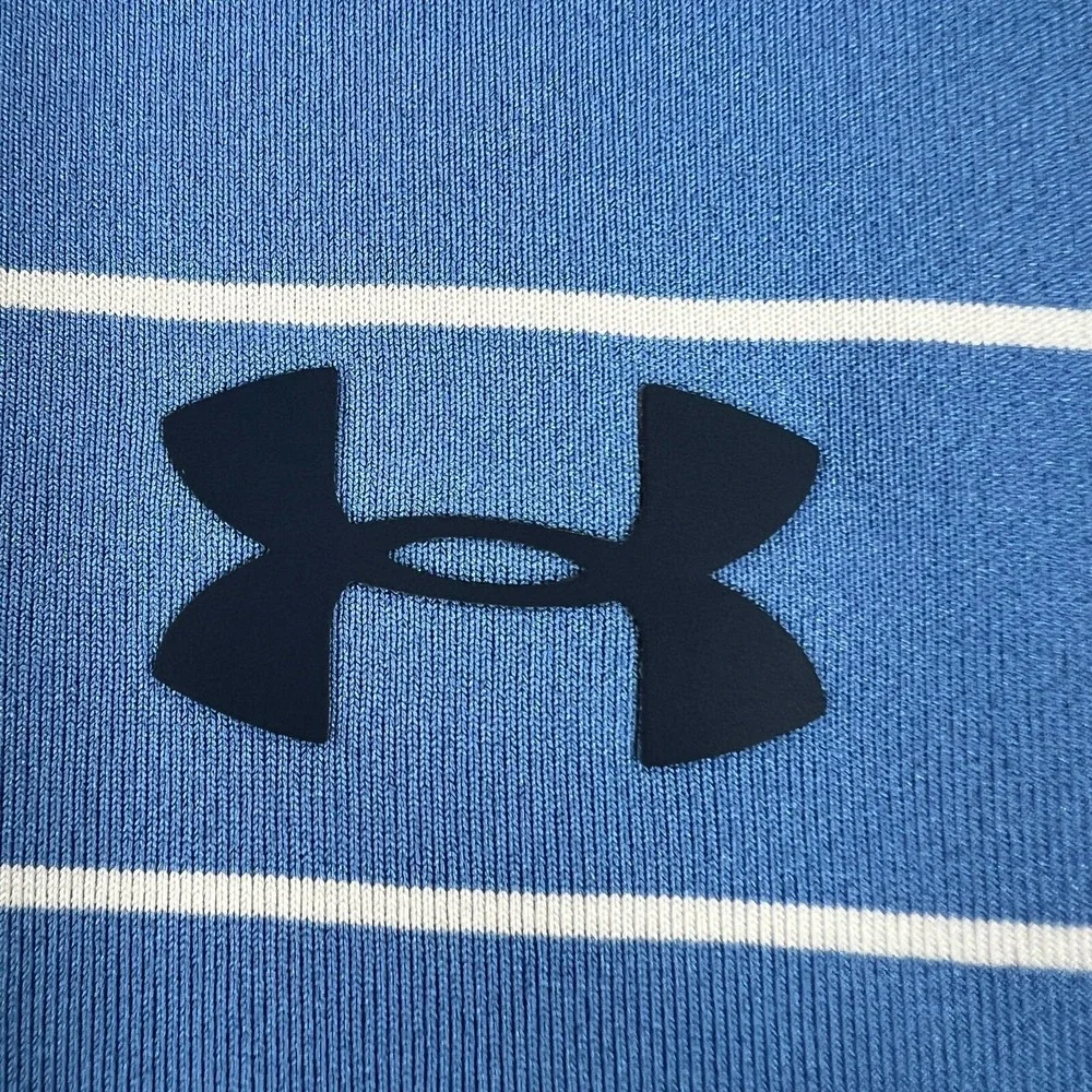 Under Armour Polo‎ Shirt Mens Medium Blue Striped Short Sleeve Loose Fit Heat
